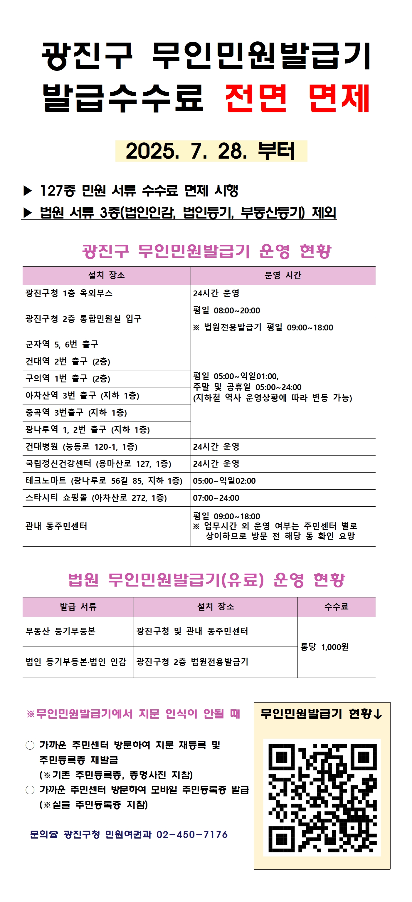 광진구 무인민원발급기 설치 현황 및 운영 시간