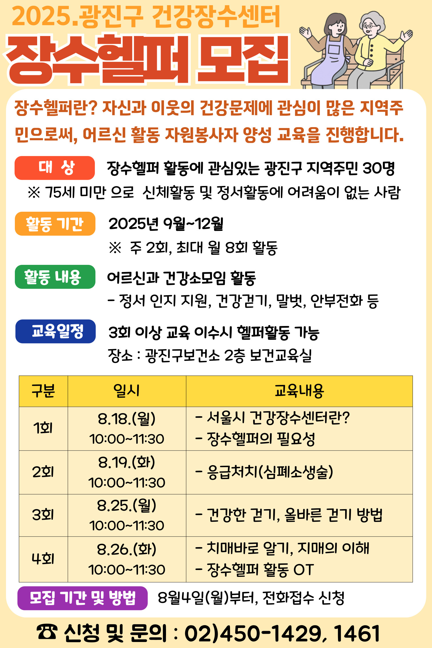 ○ 대    상: 장수헬퍼 활동에 관심있는 광진구 지역주민 30명(동별 2명)               * 75세 미만, 신체활동 및 정서활동에 어려움이 없는 사람  ○ 활동내용: 주 1~2회 어르신과 건강소모임 활동  ○ 교육일정: 8. 18.(월), 8. 19.(화), 8. 25.(월), 8. 26.(화)_총 4회       - 1회: 8.18.(월) 10:00~11:30, 서울시 건강장수센터사업 소개      - 2회: 8.19.(화) 10:00~11:30, 응급처치(심폐소생술)      - 3회: 8.25.(월) 10:00~11:30, 건강한걷기, 올바른 걷기 방법      - 4회: 8.26.(화) 10:00~11:30, 치매바로알기, 치매어르신 대화법     ○ 장    소: 광진구보건소 2층 보건교육실  ○ 신청기간: 2024. 8. 4.(월)부터   ○ 신청방법: 전화 신청(선착순 마감) ☎ 02) 450-1429