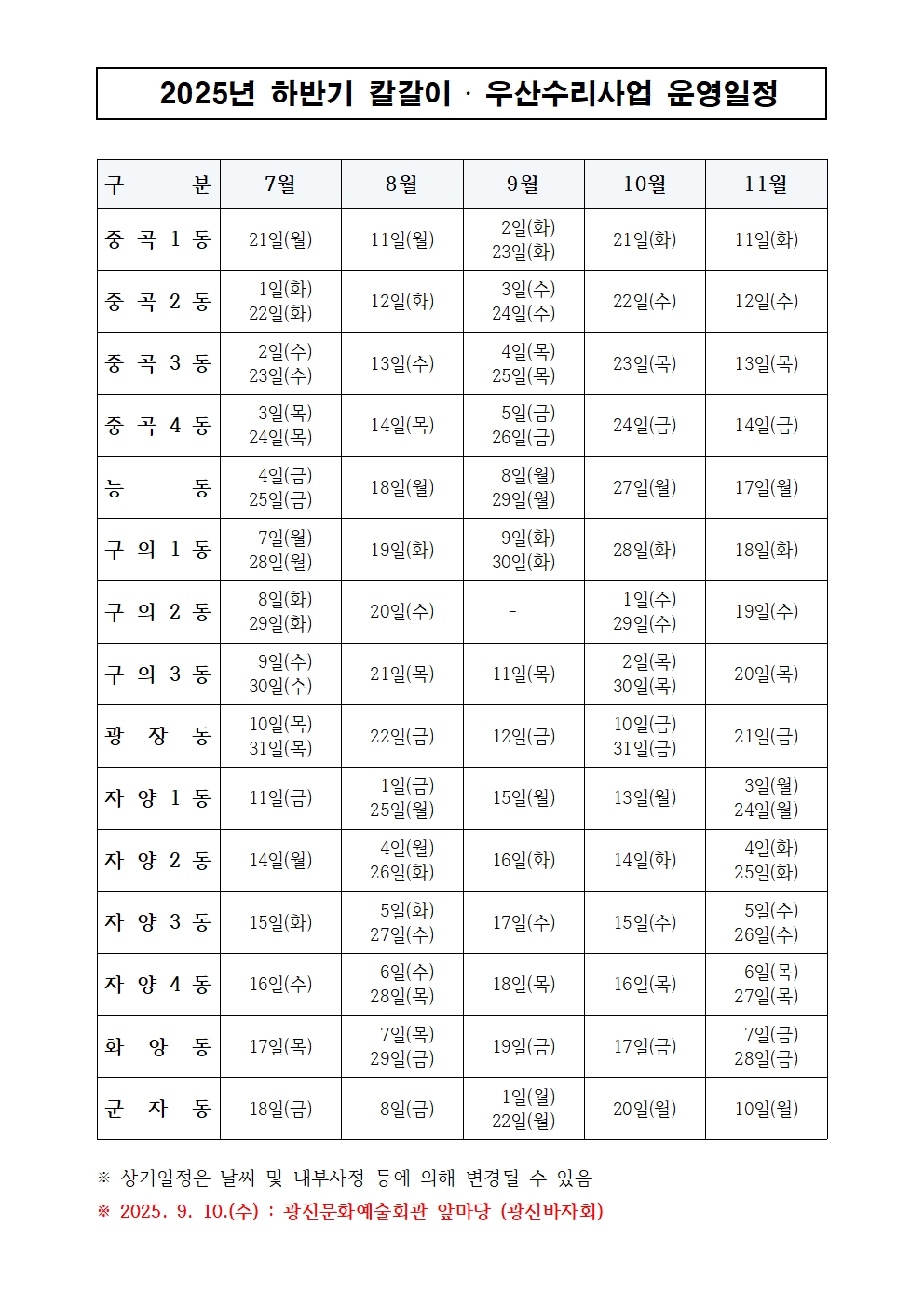 2025년 하반기 칼갈이 우산수리 운영일정표