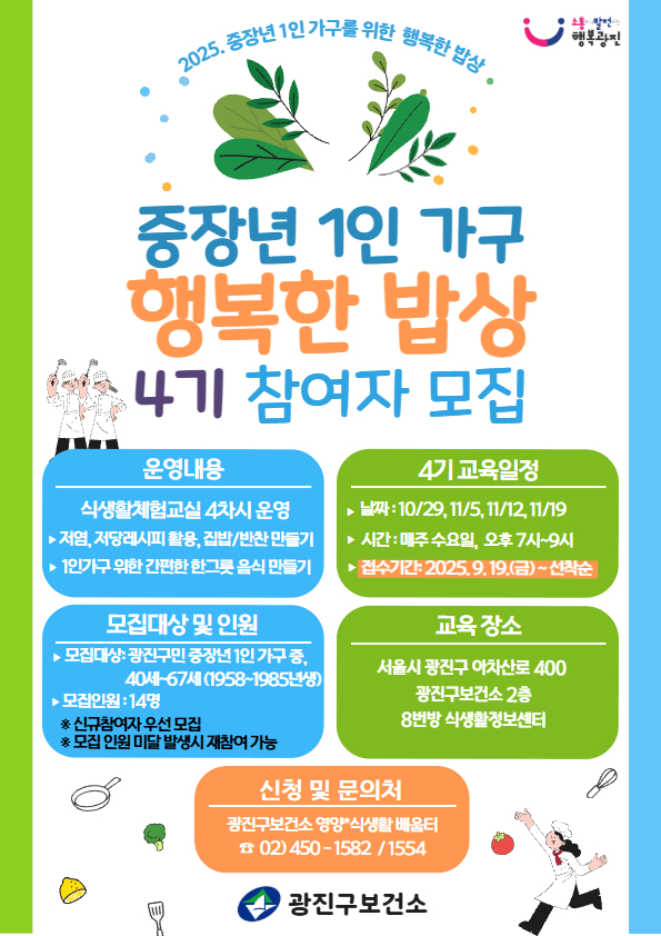 <2025. 중장년 1인 가구를 위한 행복한 밥상 4기 참여자 모집>    *교육 일정: 10/29,11/5,12,19 (매주 수요일) 오후 7시~9시    *운영 내용:   식생활 체험 교실 4차시 운영   - 저염, 저당 레시피 활용한 집밥 및 반찬 만들기   - 1인 가구 위한 간편한 한그릇 음식 만들기    *모집 대상 및 인원:   광진구민 중장년 1인 가구 중, 40세~67세(1985년생~1958년생) 14명   - 신규참여자 우선 모집   - 모집 인원 미달 발생시 재참여 가능     *교육 장소: 광진구 보건소 2층 8번방 식생활정보센터    *신청 및 문의: 광진구보건소 영양*식생활배움터 02) 450-1582