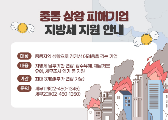 중동 상황 피해기업 지방세 지원 안내    ㅇ 대상: 중동지역 상황으로 경영상 어려움을 겪는 기업  ㅇ 내용: 지방세 납부기한 연장, 징수유예,            체납처분 유예, 세무조사 연기 등 지원  ㅇ 기간: 최대 3개월(추가 연장 가능)  ㅇ 문의: 세무1과(02-450-1345), 세무2과(02-450-1350)